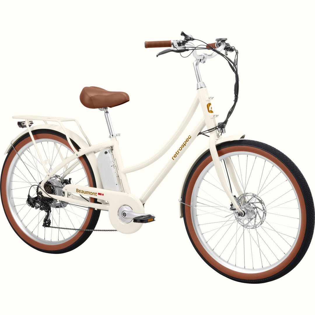 Beaumont Rev 3 City Electric Bike - Step Through with brown seat and tires on a white background.