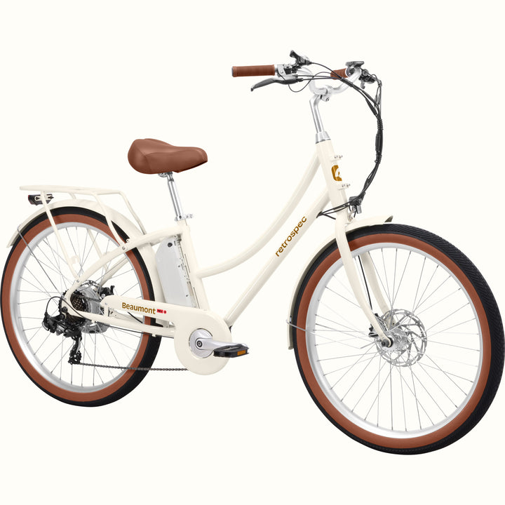 Beaumont Rev 3 City Electric Bike - Step Through with brown seat and tires on a white background.