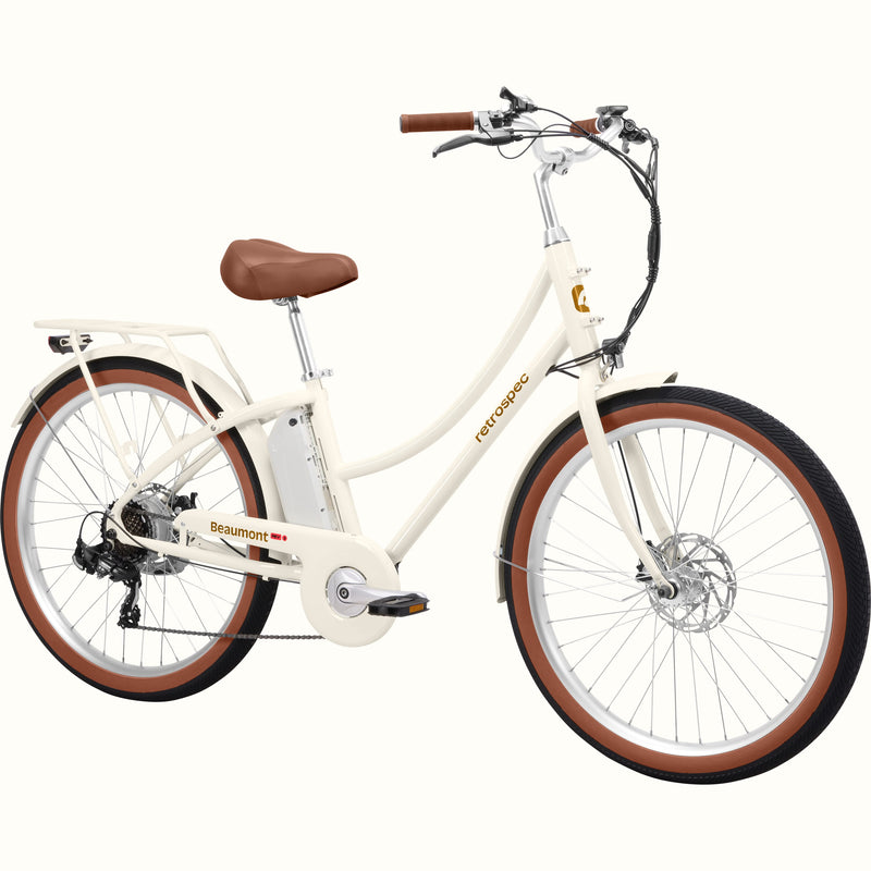 Beaumont Rev 3 City Electric Bike - Step Through with brown seat and tires on a white background.