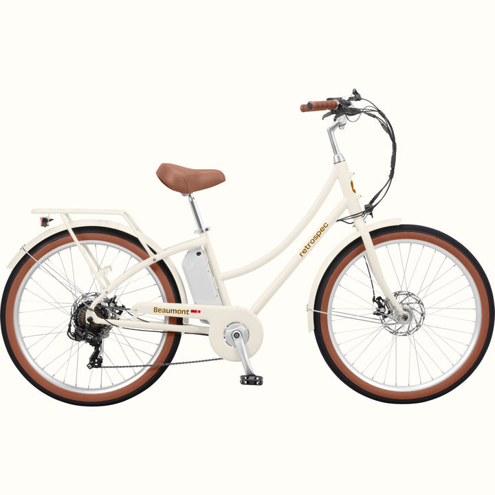 White Beaumont Rev 3 City Electric Bike - Step Through with brown tires and seat on a white background.