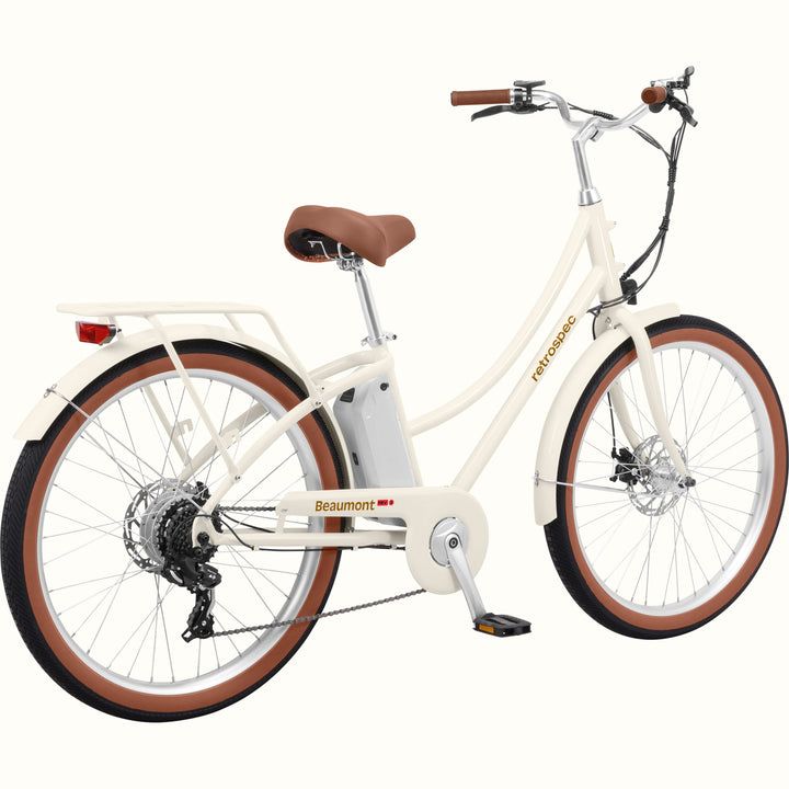 White Beaumont Rev 3 City Electric Bike - Step Through with brown accents on a white background.