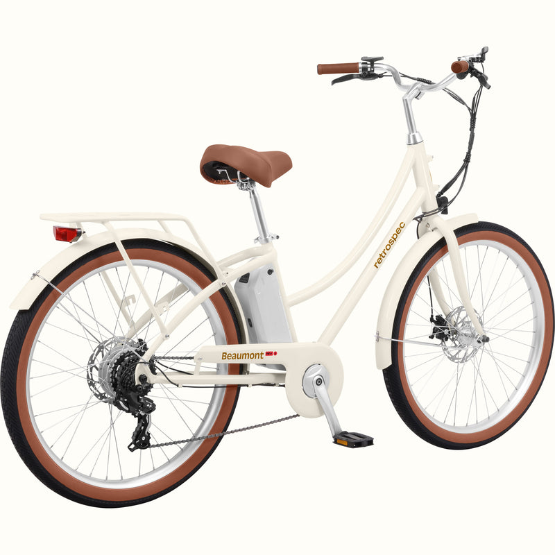 White Beaumont Rev 3 City Electric Bike - Step Through with brown accents on a white background.