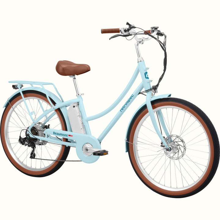 Light blue Beaumont Rev 3 City Electric Bike - Step Through with brown seat and tires on a white background.