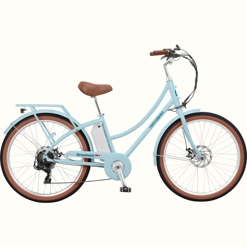 Light blue Beaumont Rev 3 City Electric Bike - Step Through with brown wheels and seat on a white background.