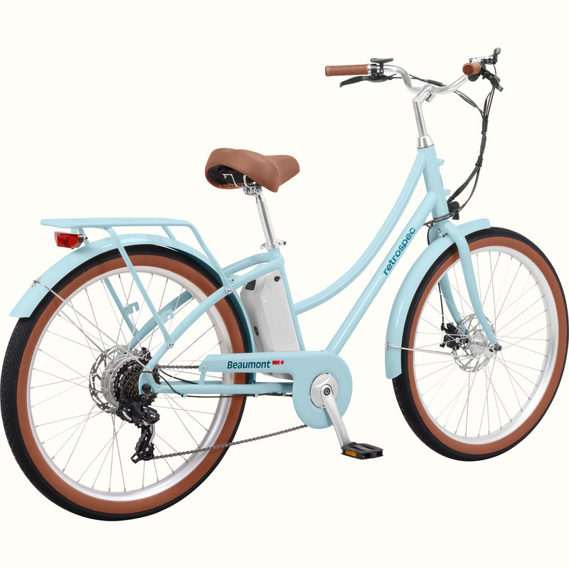 Light blue Beaumont Rev 3 City Electric Bike - Step Through with brown accents on a white background.