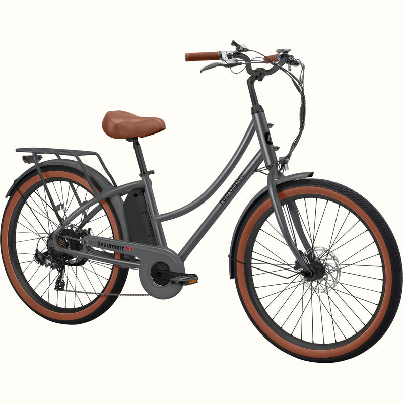 Gray Beaumont Rev 3 City Electric Bike - Step Through with brown seat and tires on a white background.