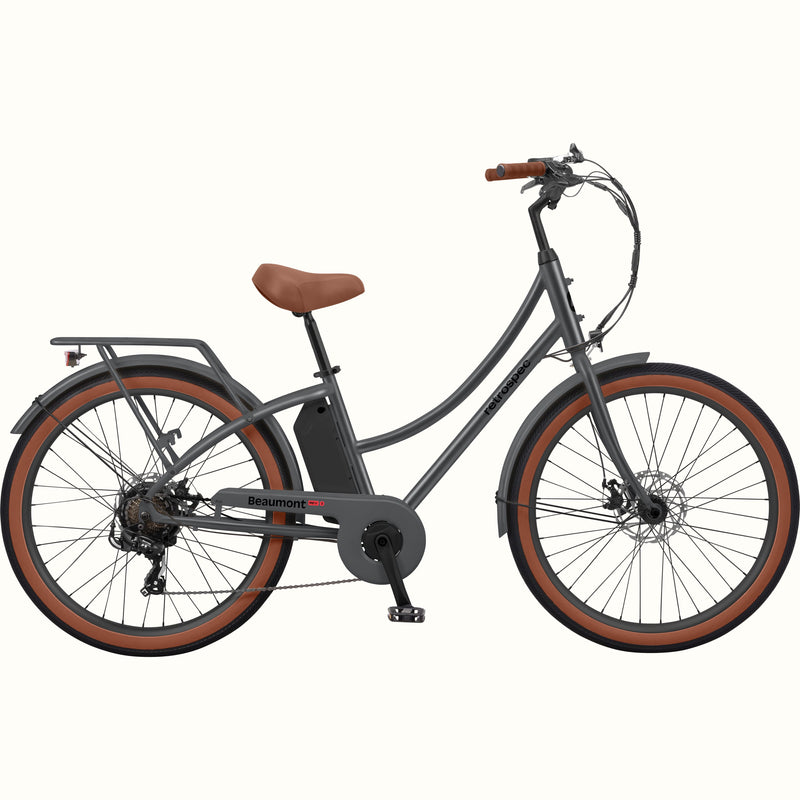 Gray Beaumont Rev 3 City Electric Bike - Step Through with brown wheels and seat on a white background.