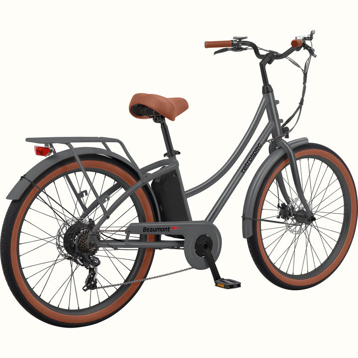 Gray Beaumont Rev 3 City Electric Bike - Step Through with brown tires and seat on a white background.