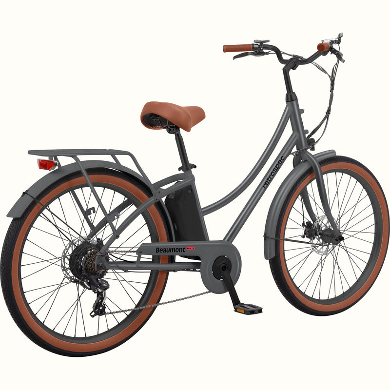 Gray Beaumont Rev 3 City Electric Bike - Step Through with brown tires and seat on a white background.