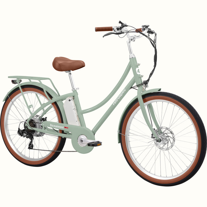 Green Beaumont Rev 3 City Electric Bike - Step Through with brown seat and tires on a white background.