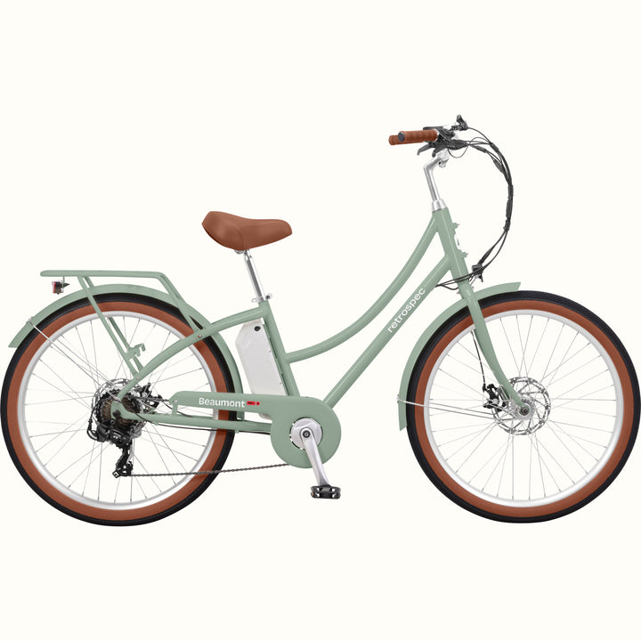 Mint green Beaumont Rev 3 City Electric Bike - Step Through with brown seat on a white background.