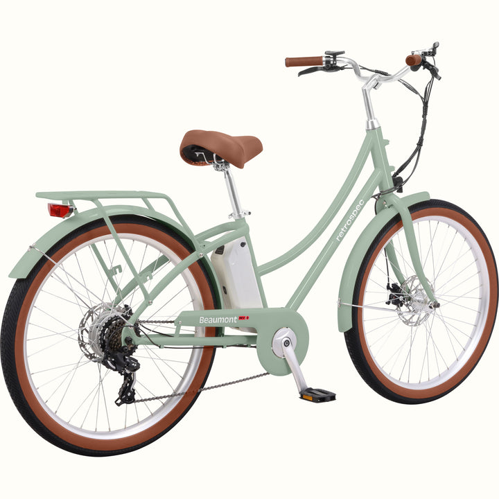 Light green Beaumont Rev 3 City Electric Bike - Step Through with brown accents on a white background.