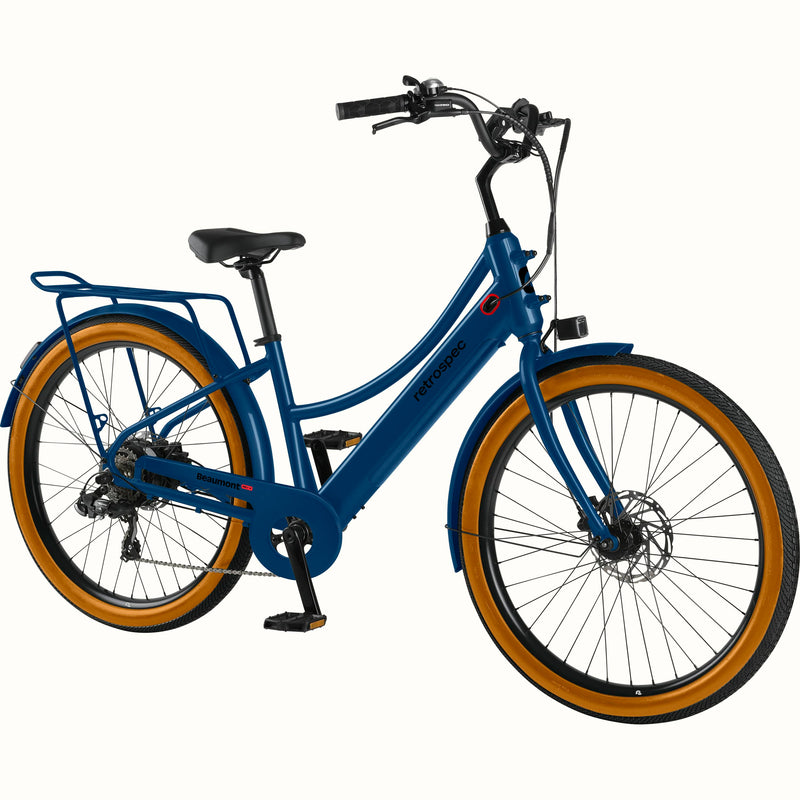 Blue Beaumont Rev+ Electric bicycle with brown tires and a rear rack on a white background.