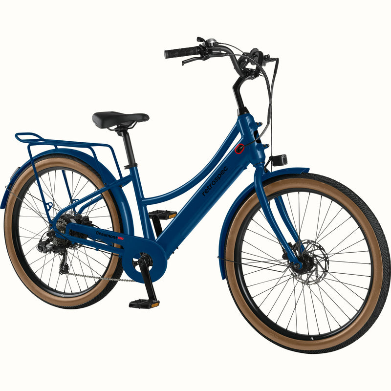 Blue Beaumont Rev+ Electric bicycle with brown tires and a rear rack on a white background.