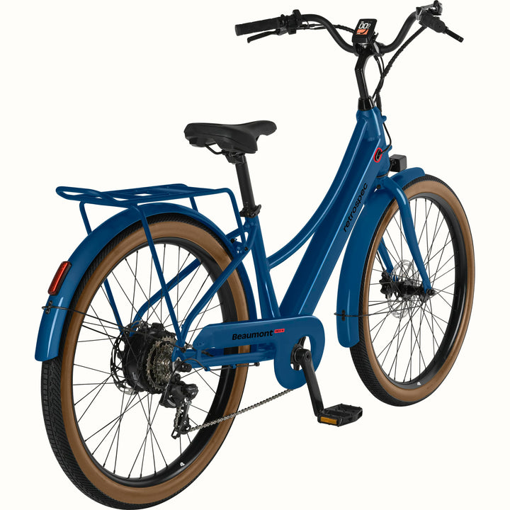 Blue Beaumont Rev+ Electric bicycle with brown tires and a rear rack on a white background.