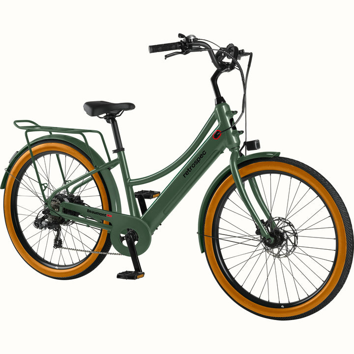 Green Beaumont Rev+ Electric bicycle with brown tires and a rear rack on a white background.