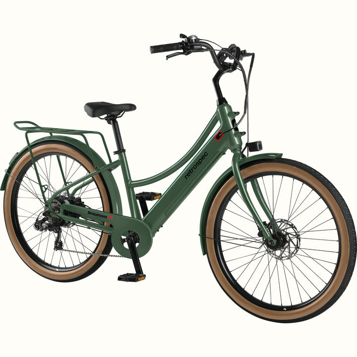 Green Beaumont Rev+ Electric bicycle with brown tires and a rear rack on a white background.