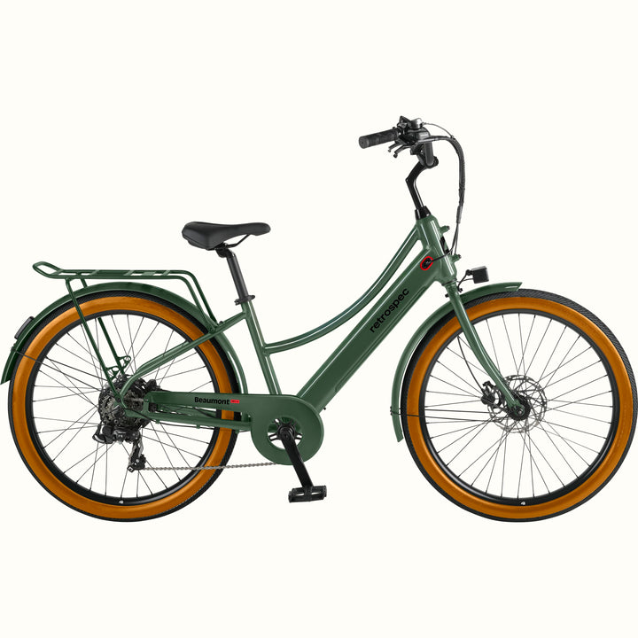 Green Beaumont Rev+ Electric bicycle with brown tires and a rear rack on a white background.