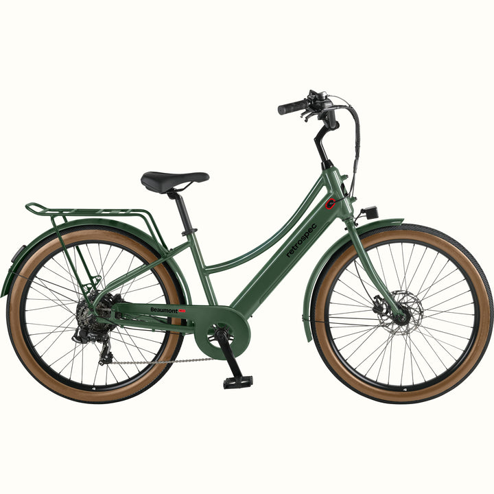 Green Beaumont Rev+ Electric bicycle with brown tires and a rear rack on a white background.