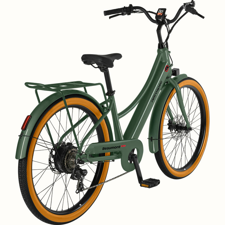 Green Beaumont Rev+ Electric bicycle with brown tires and a rear rack on a white background.