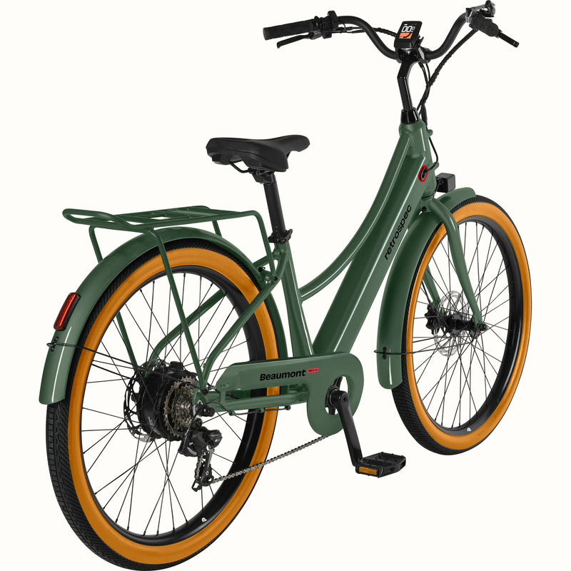 Green Beaumont Rev+ Electric bicycle with brown tires and a rear rack on a white background.