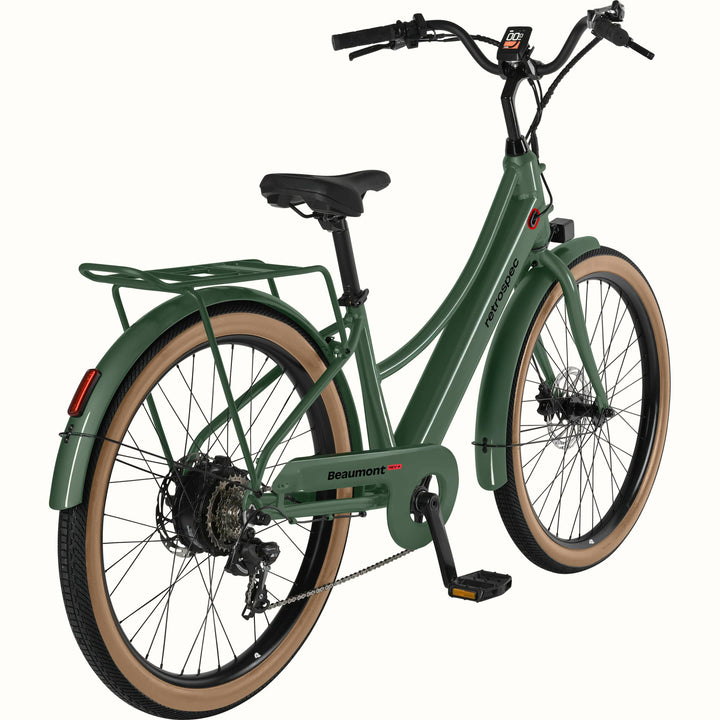 Green Beaumont Rev+ Electric bicycle with brown tires and a rear rack on a white background.