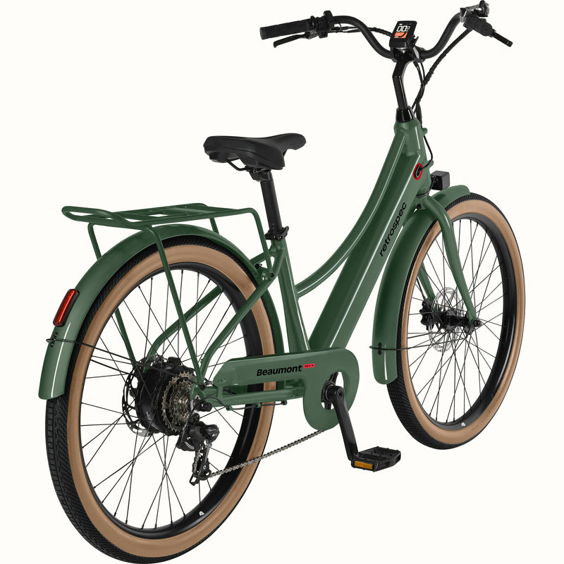 Green Beaumont Rev+ Electric bicycle with brown tires and a rear rack on a white background.