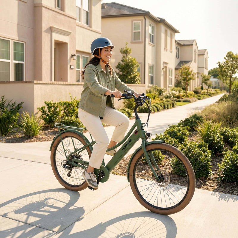 A smiling woman wearing a retrospec helmet rides the  Beaumont Rev+ City Electric Bike - Step Through in Fern green along a sunlit neighborhood path, with landscaped gardens and homes stretching behind her.