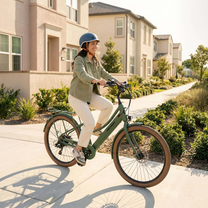 A smiling woman wearing a retrospec helmet rides the  Beaumont Rev+ City Electric Bike - Step Through in Fern green along a sunlit neighborhood path, with landscaped gardens and homes stretching behind her.