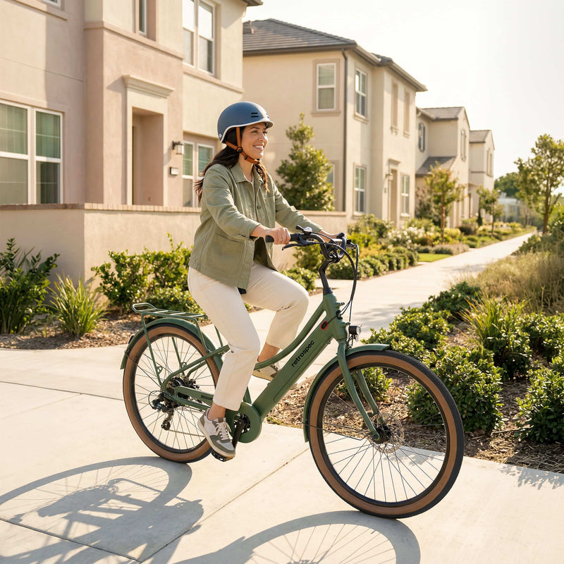 Woman riding a Beaumont Rev Plus Electric Bike through a sunny neighborhood, wearing a helmet and casual outfit.

