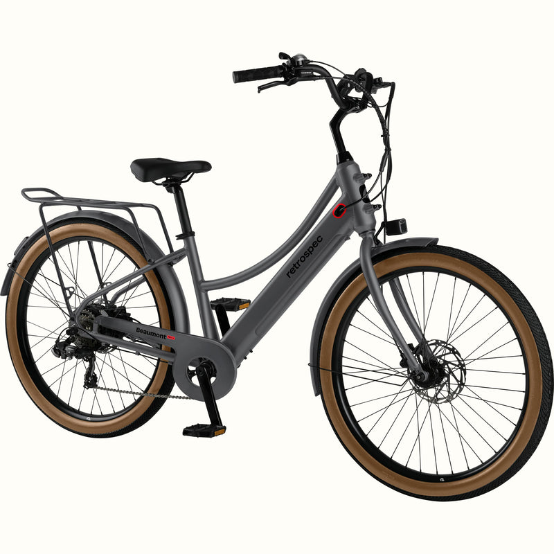 Gray Beaumont Rev+ Electric bicycle with brown tires and a rear rack on a white background.