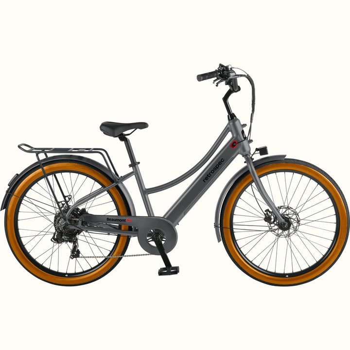 Gray Beaumont Rev+ Electric bicycle with brown tires and a rear rack on a white background.