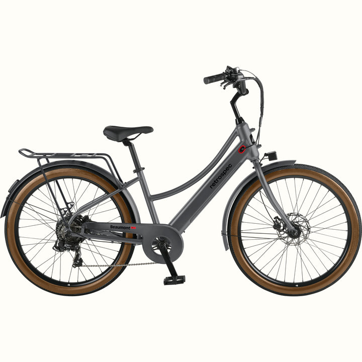 Gray Beaumont Rev+ Electric bicycle with brown tires and a rear rack on a white background.