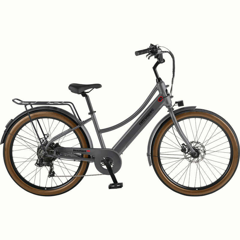 Gray Beaumont Rev+ Electric bicycle with brown tires and a rear rack on a white background.
