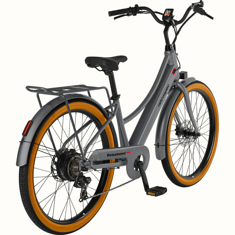 Gray Beaumont Rev+ Electric bicycle with brown tires and a rear rack on a white background.