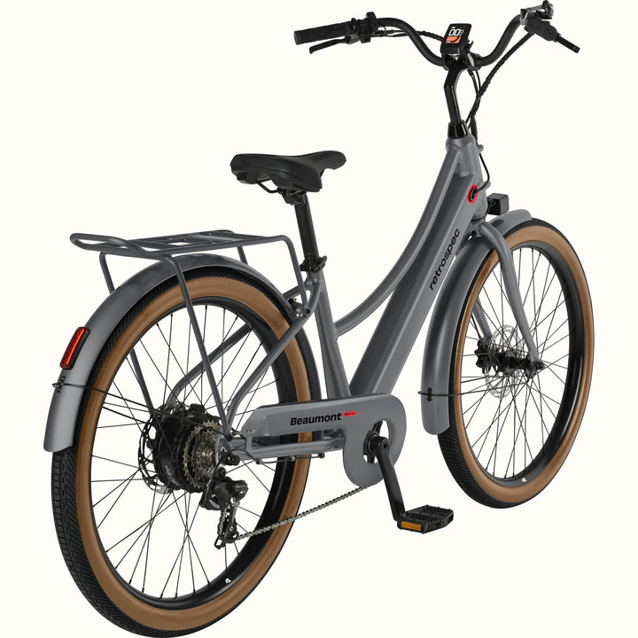 Gray Beaumont Rev+ Electric bicycle with brown tires and a rear rack on a white background.