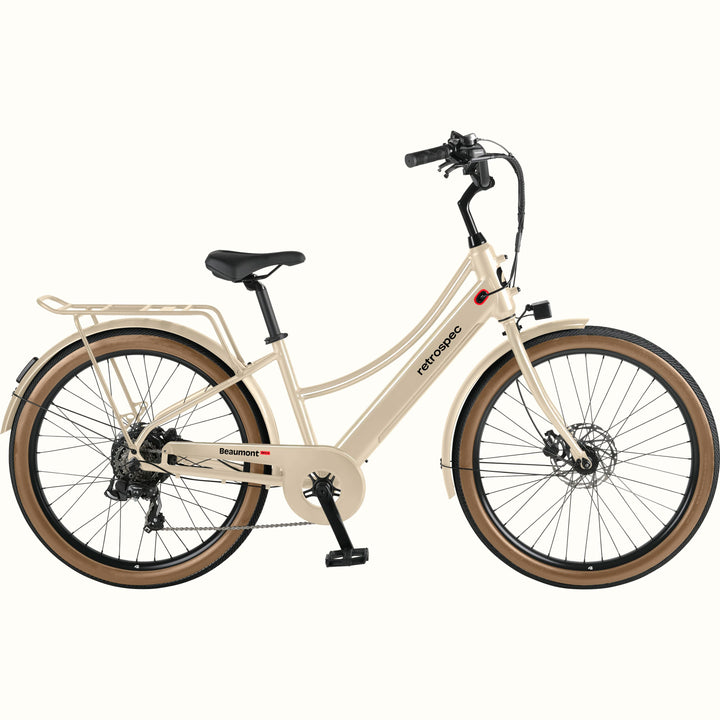 Beige Beaumont Rev+ Electric bicycle with brown tires on a white background.