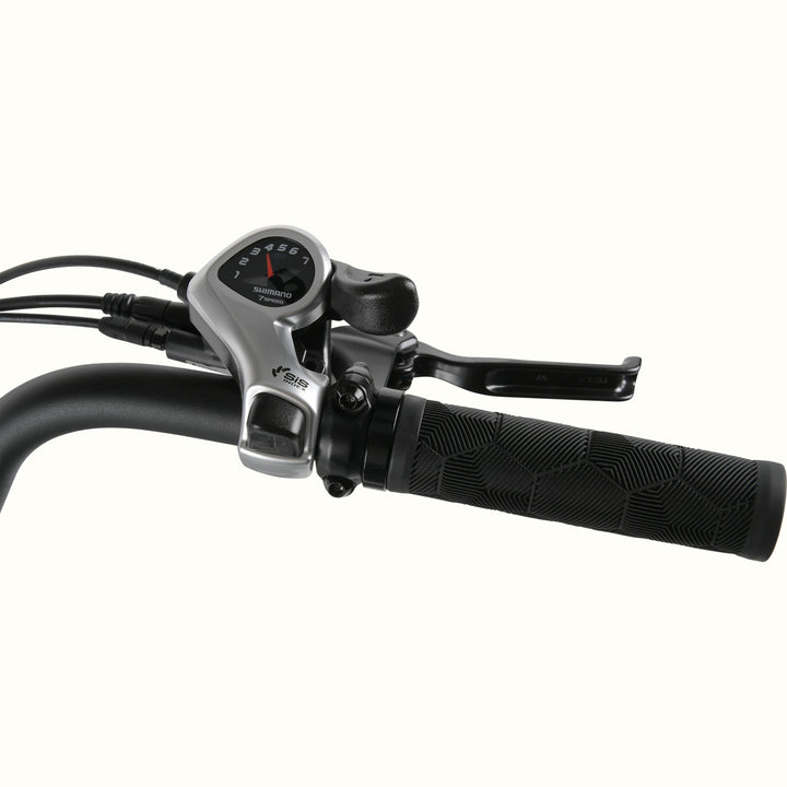 The Beaumont Rev+ electric bicycle's handlebar with control grip and shifter on a white background.