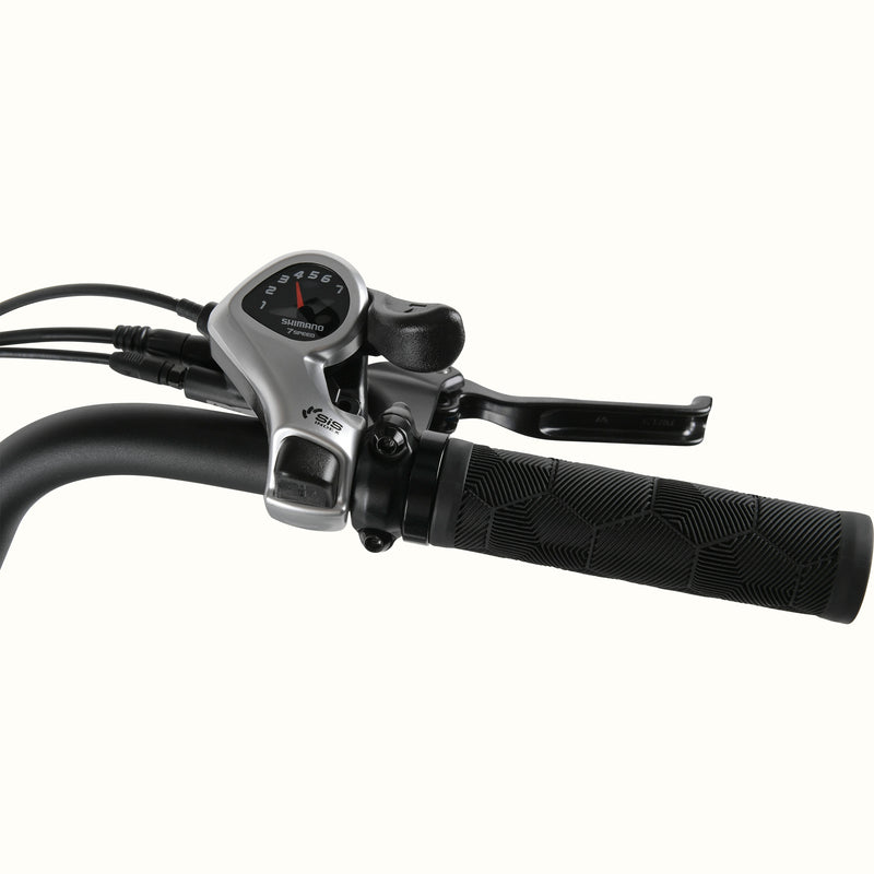 The Beaumont Rev+ electric bicycle's handlebar with control grip and shifter on a white background.