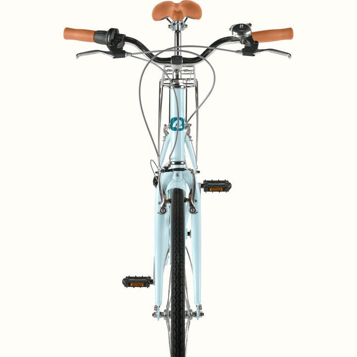 retrospec Beaumont Step Through Vintage-inspired Bike for women in larimar blue with step-through frame and chrome rear rack.