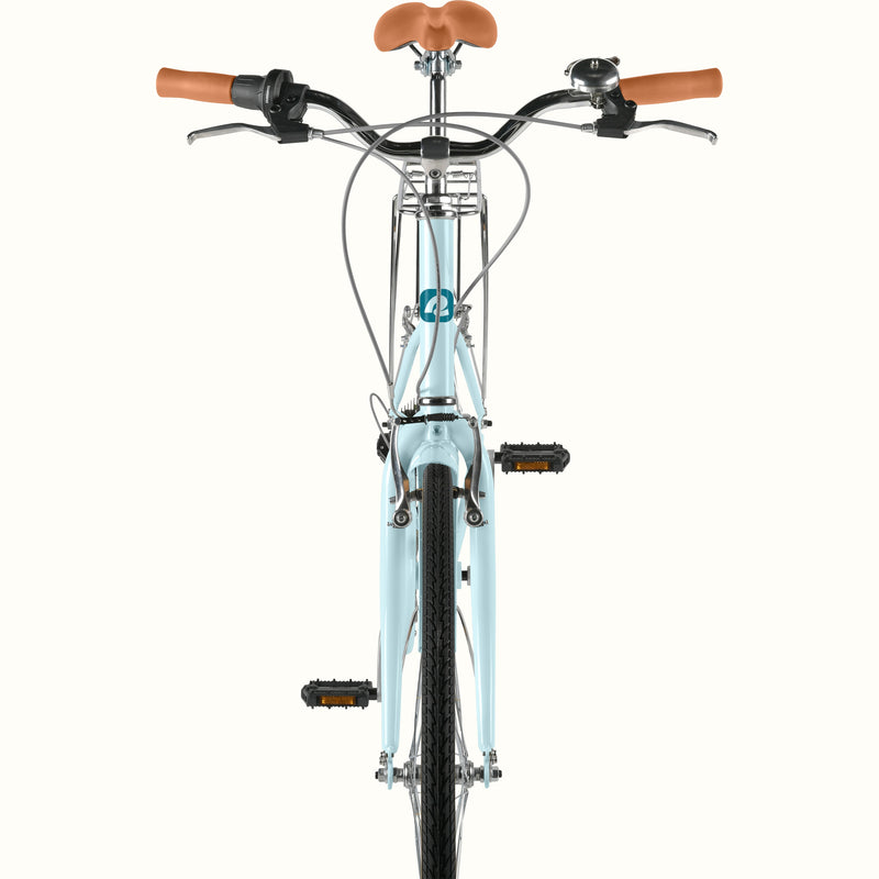 retrospec Beaumont Step Through Vintage-inspired Bike for women in larimar blue with step-through frame and chrome rear rack.