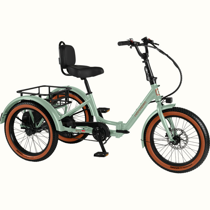The Matcha Boca Rev 2 Electric Tricycle with a rear basket and brown accents on the tires shown on a white background.