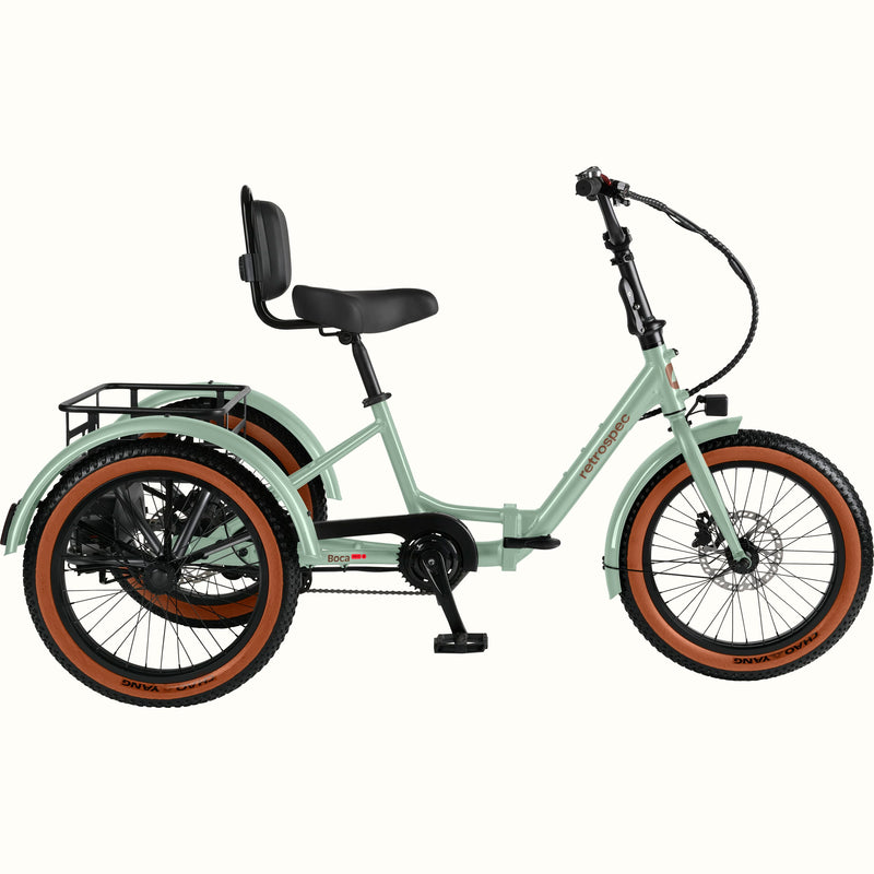 The Matcha Boca Rev 2 Electric Tricycle with a rear basket and brown accents on the tires shown on a white background.
