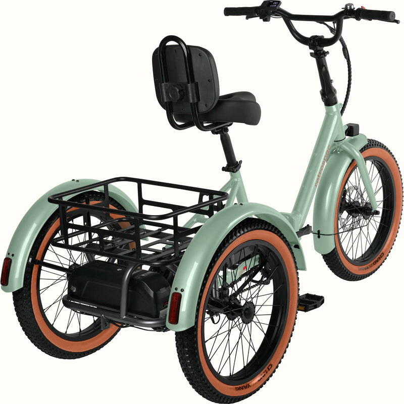 A rear view of the Matcha Boca Rev 2 Electric Tricycle with a rear basket and brown accents on the tires shown on a white background.