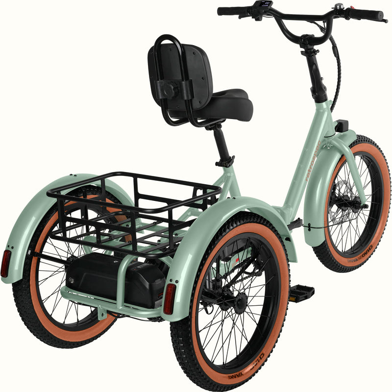 A rear view of the Matcha Boca Rev 2 Electric Tricycle with a rear basket and brown accents on the tires shown on a white background.