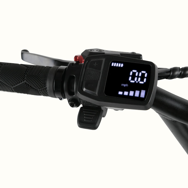 A close-up of the LED display on the Matcha Boca Rev 2 Electric Trike on a white background.