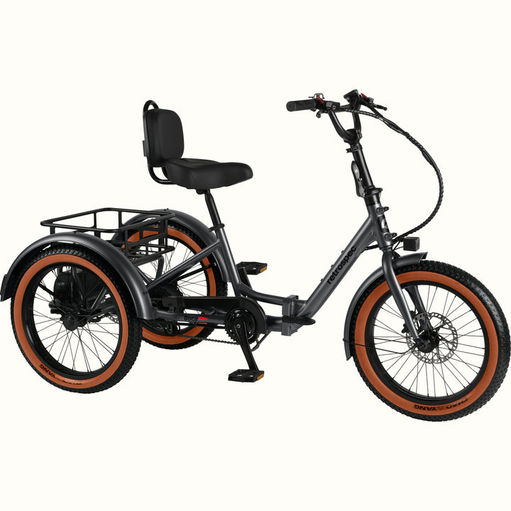 Matte Graphite Boca Rev 2 Electric Tricycle with a rear basket and brown accents on the tires shown on a white background.