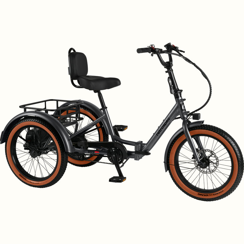 Matte Graphite Boca Rev 2 Electric Tricycle with a rear basket and brown accents on the tires shown on a white background.