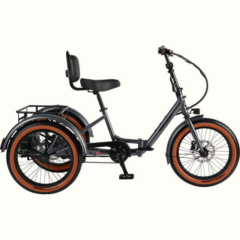 Matte Graphite Boca Rev 2 Electric Tricycle with a rear basket and brown accents on the tires shown on a white background.
