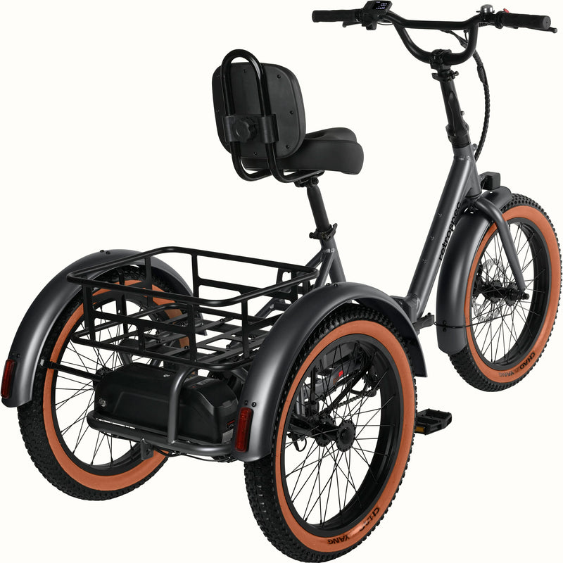 A rear view of the Matte Graphite Boca Rev 2 Electric Tricycle with a rear basket and brown accents on the tires shown on a white background.